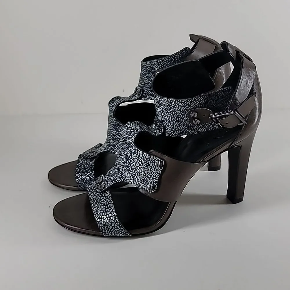Tory Burch Teagan Stingray Brown Blue Leather Caged T Strap Sandal.